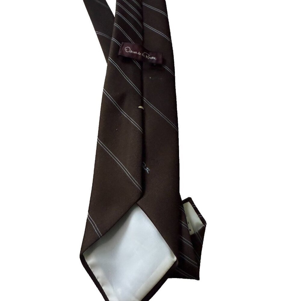 Oscar De La Renta Tie Brown & Blue Diagonal Stripe Silk Blend Vintage - Picture 9 of 9